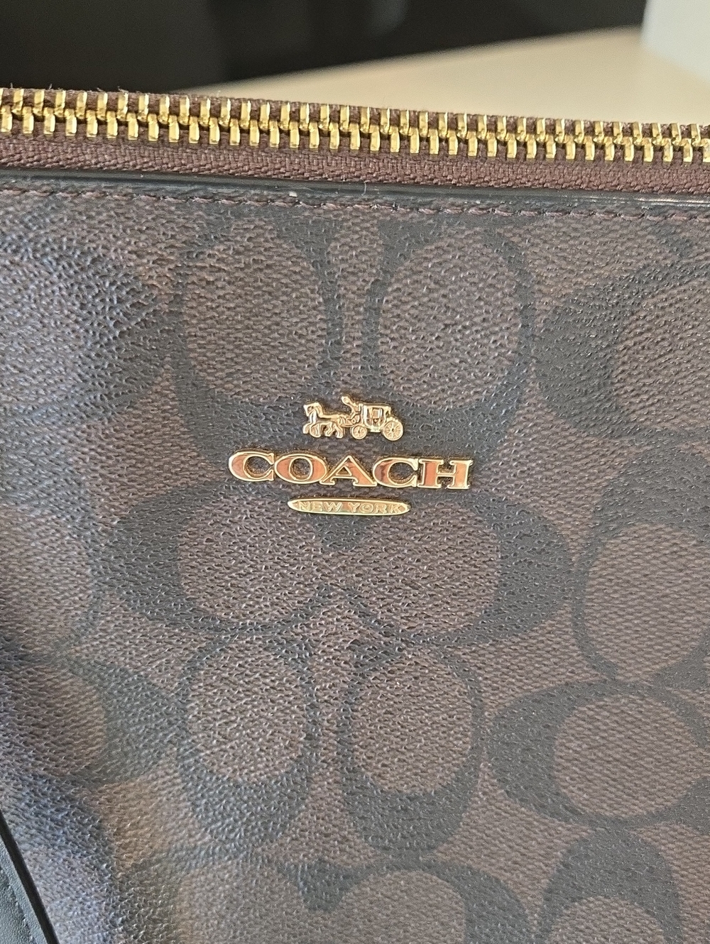 Coach Dark Brown Signature Tote with Black Trim and Gold Hardware 14x10x5 - Picture 2 of 8